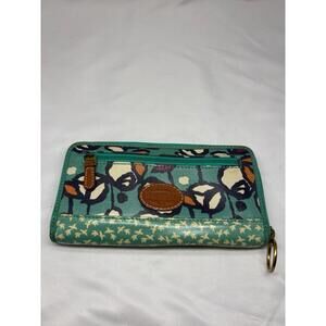 FOSSIL Key Per Zip Around Wallet Clutch Turquoise Blue Floral Coated Canvas
